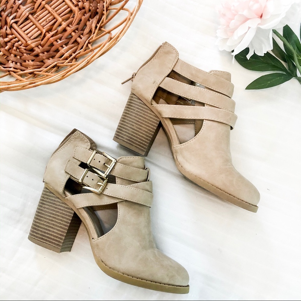 Soda Scribe Tan Vegan Leather Buckle Ankle Bootie